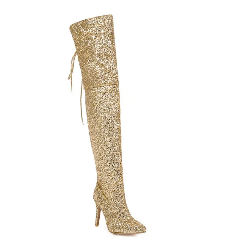 Большие размеры блестящие высокие сапоги до бедра с острым носком женские зимние