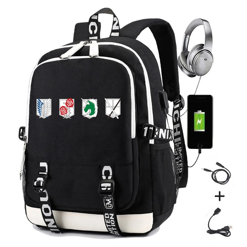 

Attack on Titan Backpack Printing Stationary Guard Trainee Squad Military Police Scouting Legion Usb Charging Laptop Travel Bag