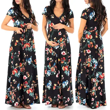 

Summer Women Maternity Clothes Floral Short Sleeve V-neck Slip Skirt Woman Pregnant Nursing Breastfeeding Pregnancy Long Dress