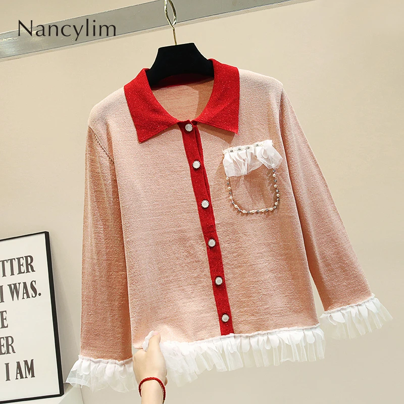 ^Cheap Autumn Lapel Sweater Cardigan for Lady 2019 New Mesh Stitching Knit Coat Women Fashion Knitted Jacket Knitwear Nancylim