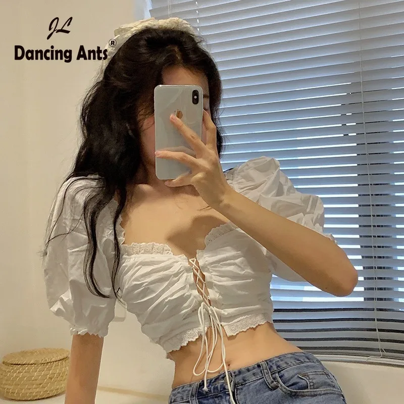 Женская блузка с коротким пышным рукавом укороченный топ квадратным вырезом