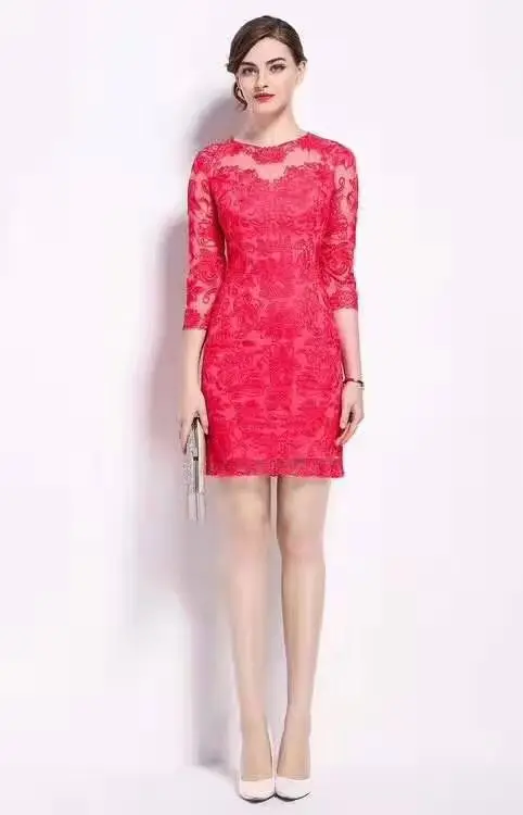 rose red XXXL платье Vestidos, весенние вечерние коктейльные женские платья с круглым вырезом, изысканная вышивка, рукав 3/4, облегающее серое, розовое, красное платье - Цвет: rose red