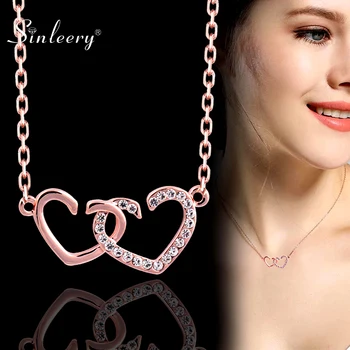 

SINLEERY Sweet Heart To Heart Choker Necklace Rose Gold Color Chain Crystal Pendant Necklace Women Jewelry XL515 SSC