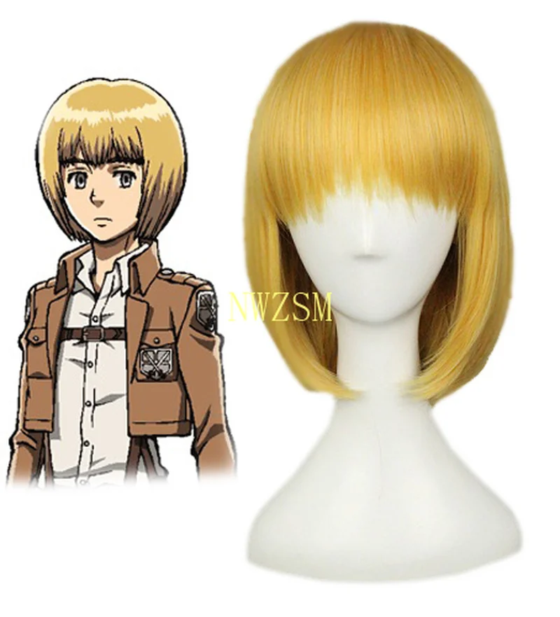 Attack On Titan Armin Arlert Short Silky Straight Boy's Shaggy Layered Yellow Bob Synthetic Cosplay Wig+ Wig Cap | Тематическая