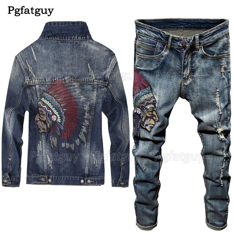 Autumn Winter New Fashion Embroidered Indian Jeans Sets Men's Stretch ...