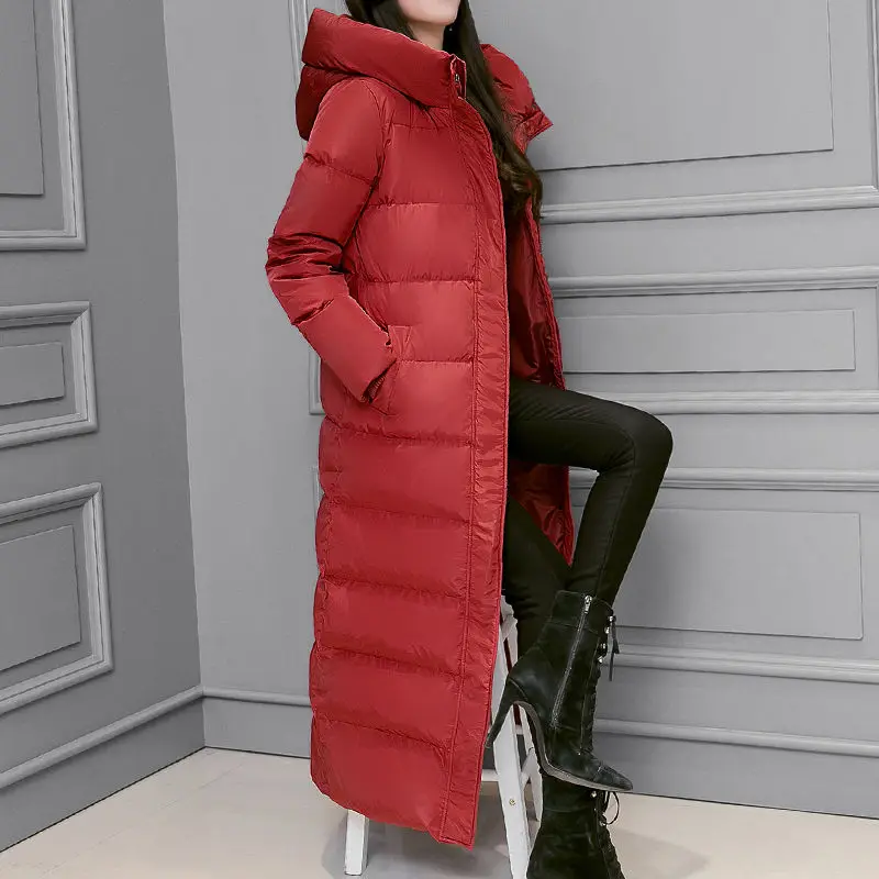 Модная супер Длинная женская куртка-пуховик, Manteau Femme Hiver, худи, белый утиный пух, зимнее пальто, женская парка, Женская куртка C5112