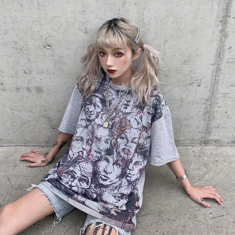 

Harajuku Style Personality Graffiti Print Women's Tops Simple Casual Round Neck Half Sleeve Plus Size Tee