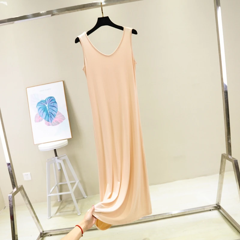 120cm Skin colour Модальная Домашняя одежда, Женская Повседневная хлопковая ночная рубашка, Женская Однотонная ночная рубашка без рукавов, женская ночная рубашка с v-образным вырезом, большие размеры, длинное платье для сна - Цвет: 120cm Skin colour