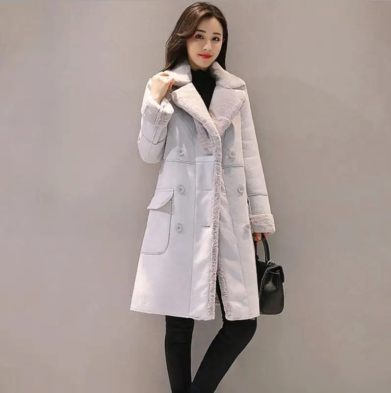 Женское зимнее пальто из замши с мехом модное плотное длинное пальто из искусственной овчины Женские однотонные теплые тренчи - Цвет: gray