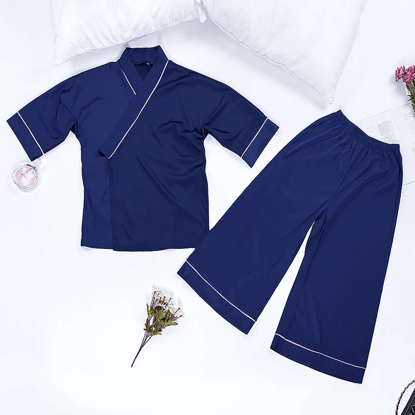 

Suphis Blue Sleepwear Womens Silk Satin Pajamas Pyjamas Set Female Half Sleeve Robe Pants Two Piece Set Loungewear Nightwear
