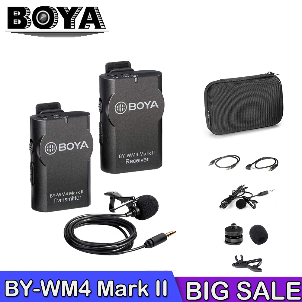 

Boya BY-WM4/WM4 Mark II Wireless Studio Condenser Microphone System Lavalier Lapel Interview Mic for iPhone Canon Nikon Cameras