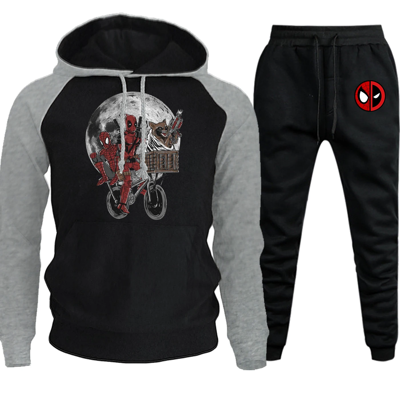 Deadpool Autumn Winter Streetwear Mens Hoodies Raglan Marvel Printed Suit Male Casual Pullover Hooded+Pants 2 Piece Set