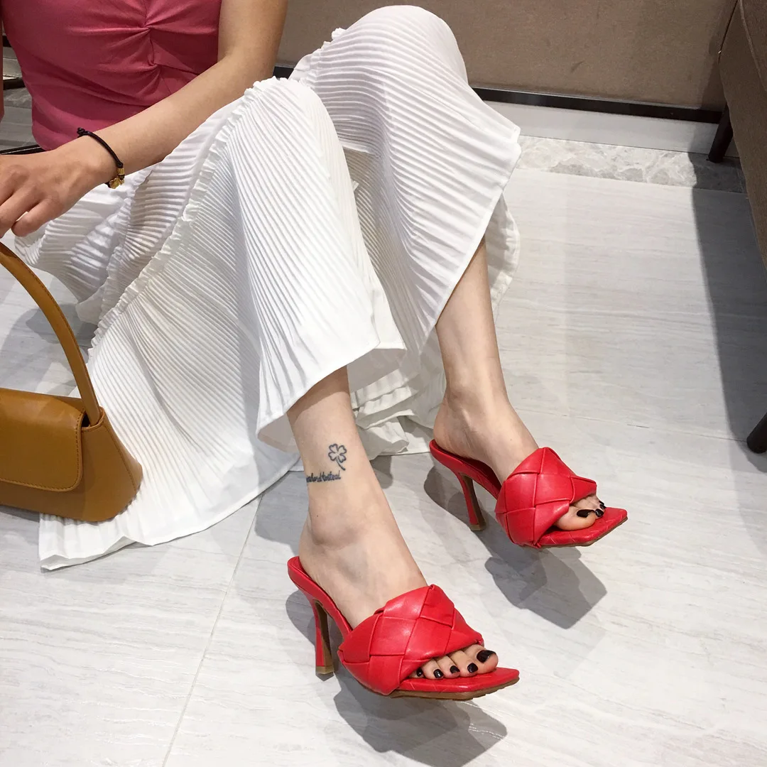 New Brand Design Shoes Woman Slipers 2021 Summer Square Toe High Heels Sandals Women Weave Good Quality Dress Shoes White Blue