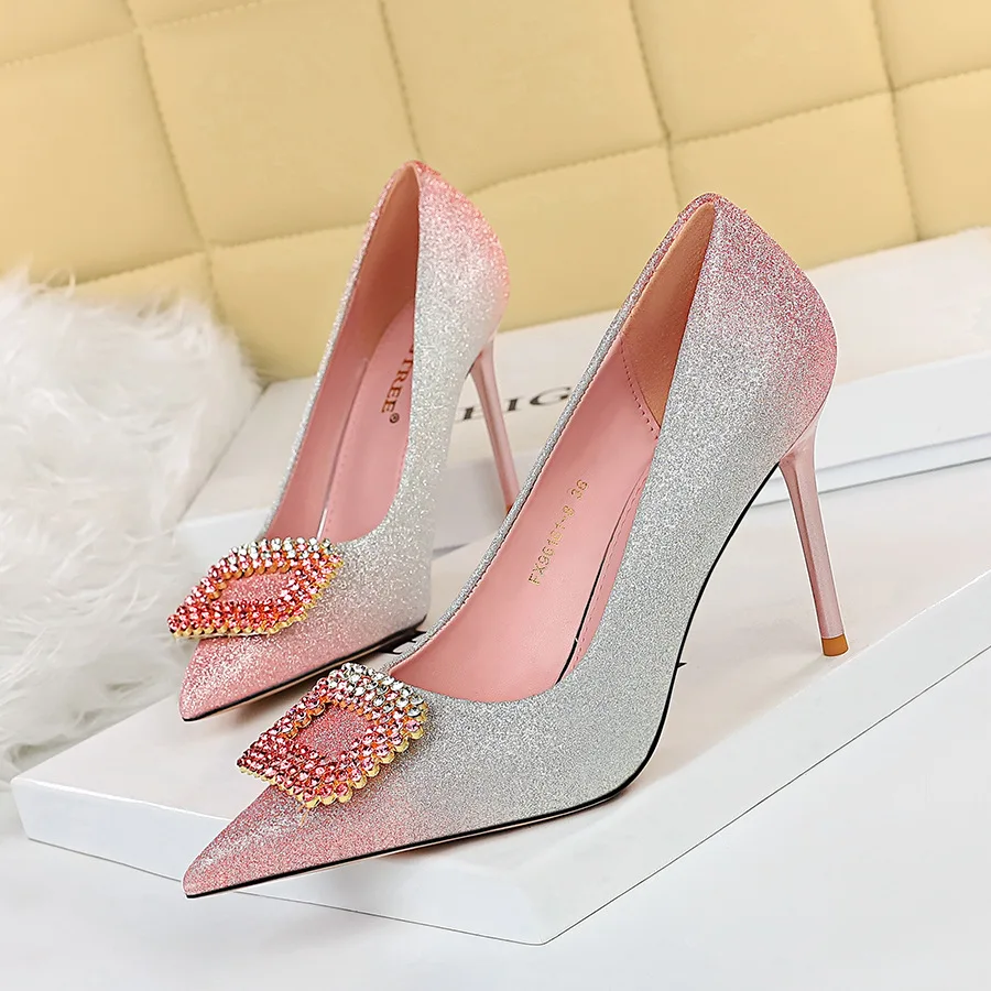 

Korean version of sexy party high heels stiletto and shallow pointed toe color gradient rhinestone buckle single shoes
