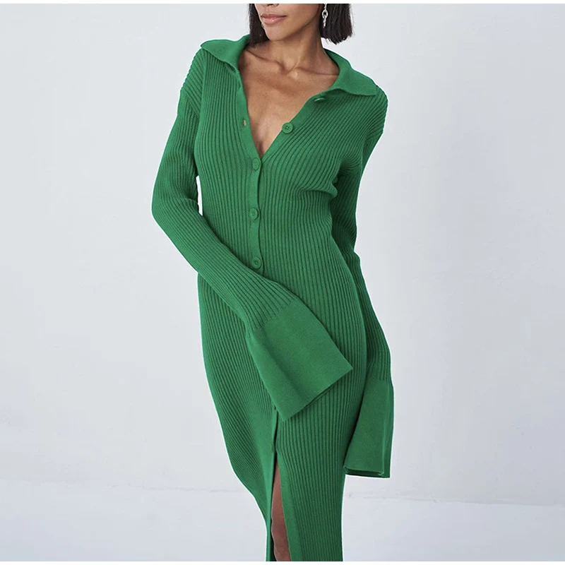 Sexy V-neck Midi Knitted Women Dress Bodycon Fashion Long Sleeve Button Sweater Dresses Female Autumn 2021 Ladies Party Vestidos slip dress