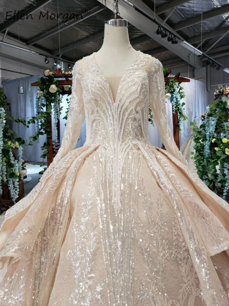 Роскошное блестящее свадебное платье Vestido De Novia,, кружевное платье с длинным рукавом, v-образный вырез, бисер, часовня, шлейф, официальное Свадебное бальное платье