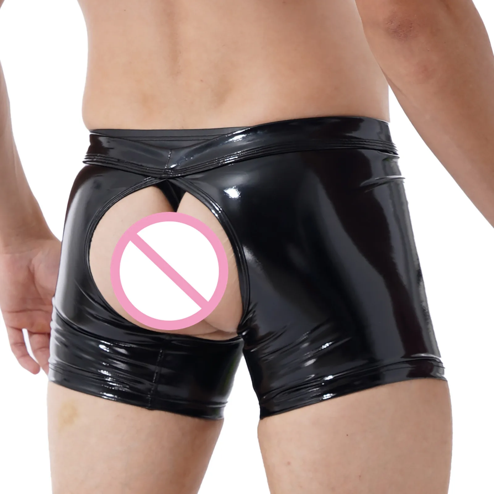 Men Underwear Shiny Metallic Latex Lingerie Erotic Open Butt Boxer Shorts Removable Bulge Pouch Shorts Underpant Boxer Underwear men underwear