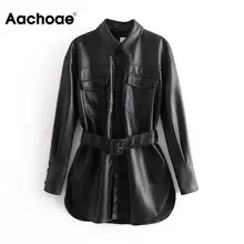 Женское зимнее однобортное пальто из искусственной кожи с длинным рукавом, однотонное Женское пальто с поясом, винтажная верхняя одежда с карманами и пуговицами, женские топы