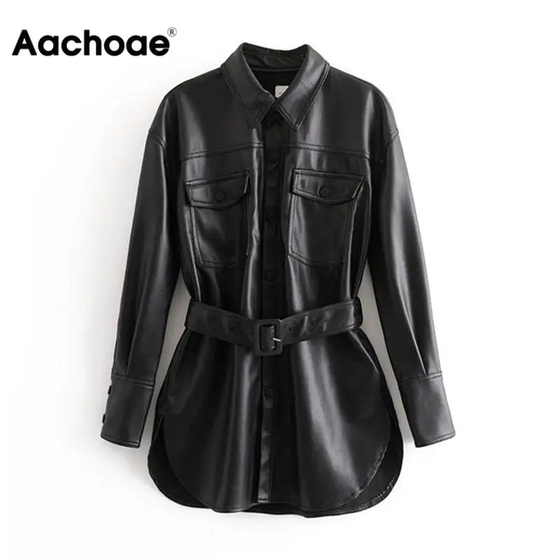 Kopen Pu Lederen Jas Vrouwen Winter Enkele Breasted Lange Mouwen Effen Vrouwelijke Jas Met Riem Vintage Zakken Knoppen Uitloper Dames Tops