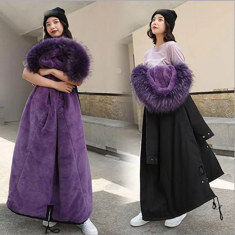 Purple 30 градусов, одежда для снежной погоды Длинные парки зимняя куртка Для женщин с меховым капюшоном Костюмы женский Меховая подкладка Толстое Зимнее пальто Для женщин - Цвет: Purple