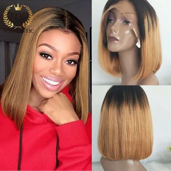 

Topnormantic 13x6 Lace Front Human Hair Wig Ombre Honey Blonde 1B/27 Straight Hair Short Bob Wigs With Pre Plucked Hairline