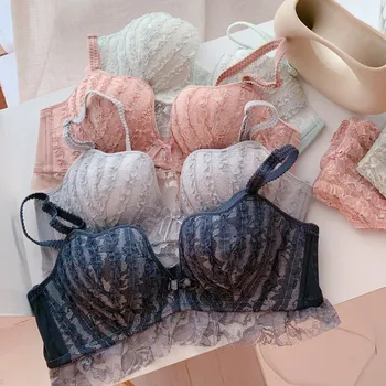 

5508 of Fairies Sexy Lace Bra Set Petal Cup Medium Thick Push up Small Bust Underwear Non-Steel Ring