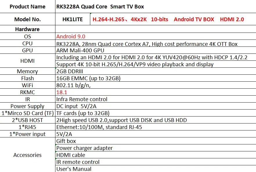 Предпродажа HK1 LITE Android Tv Box RK3228A 2GB DDR3 16GB 2,4G wifi RJ45 100M телеприставка HDMI2.0 USB 2,0 4K H.265 Отт коробка HK1 LITE