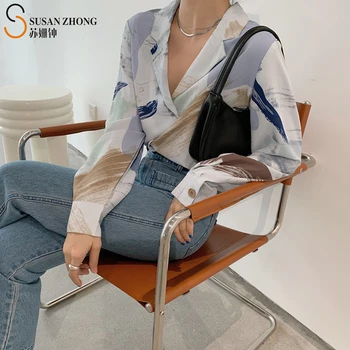 

【SusanZhong】Women Shirts Female Blouses Tops Full Long Sleeve Romantic Chic V-Neck Camouflage Painting Notched Collar Poplin