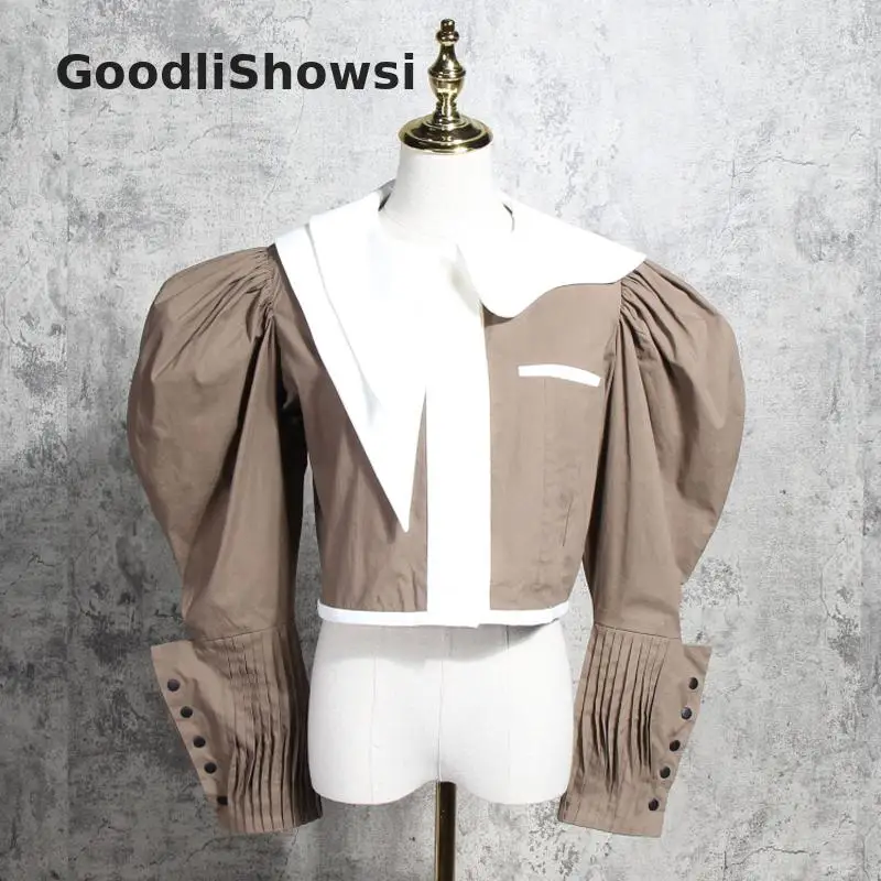 GoodliShowsi, весна, Ретро стиль, пышная Блузка цвета хаки, необычная, Круглый ворот, модная, английский стиль, женская короткая рубашка