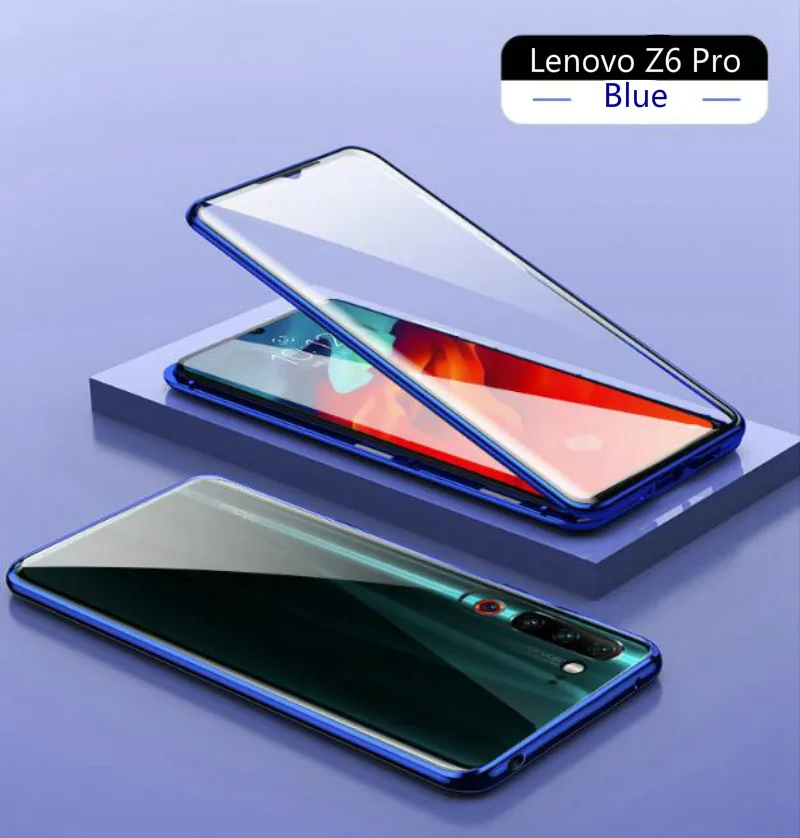 Blue Двусторонний стеклянный Магнитный адсорбционный чехол для lenovo Z6 Pro 360, полная защита, металлический бампер, чехол для телефона lenovo Z6 Pro - Цвет: Blue