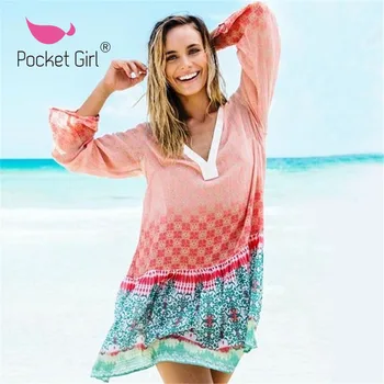 

Pocket Girl 2020 Beach Cover up Robe de Plage Women Swim Wear Cover-Up Tunic for Beach Sexy Sarong kaftan Bikini Cover ups Dress