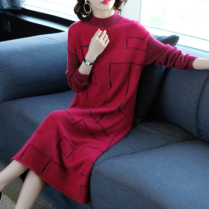 

2018 Autumn And Winter New Style WOMEN'S Dress-Style Jersey Dress Red over-the-Knee Sweater Dress Dress with Overcoat Fashion