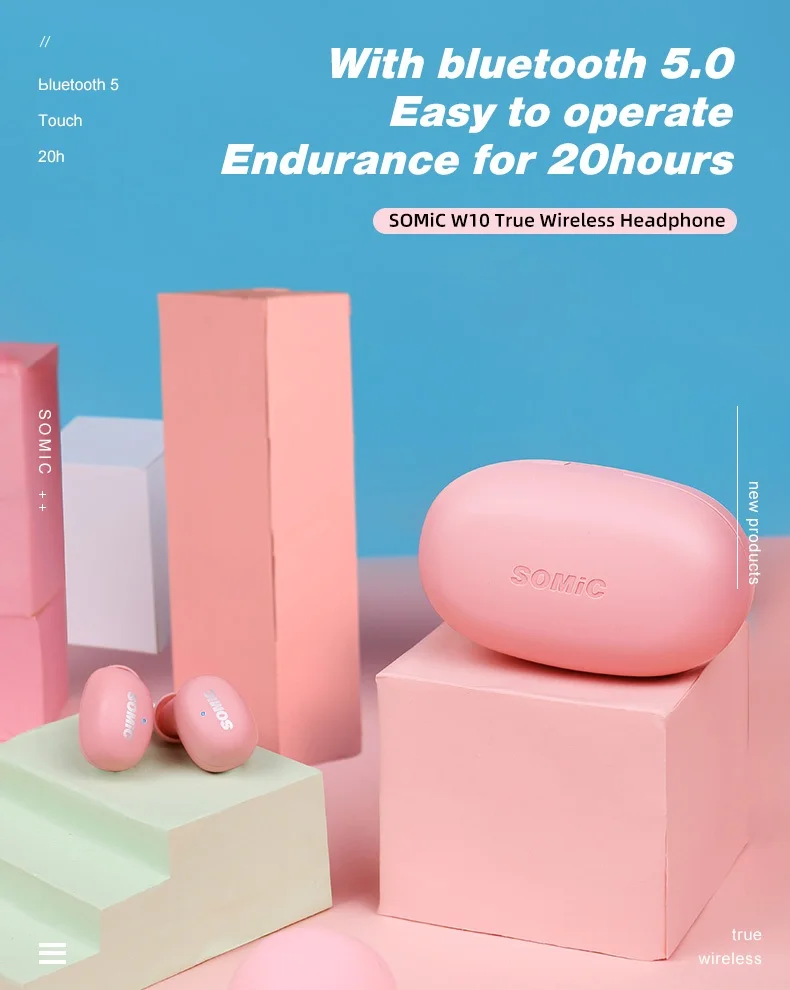 Somic W10 TWS bluetooth 5,0 наушники LDS антенна Макарон розовый мини стерео Denoise портативная Смарт сенсорная гарнитура с микрофоном