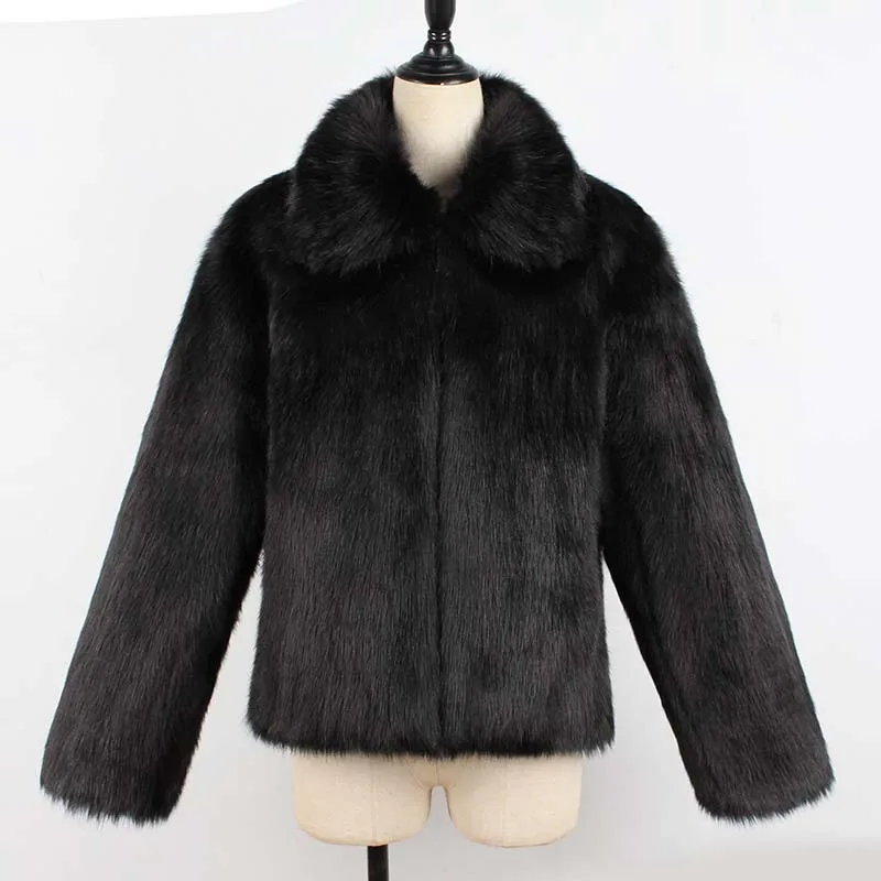 Новинка, роскошное пальто из искусственного меха, леопардовая расцветка, зимняя куртка, отложной воротник, тонкая женская верхняя одежда, Casaco Feminino Ropa Invierno Mujer - Цвет: Черный