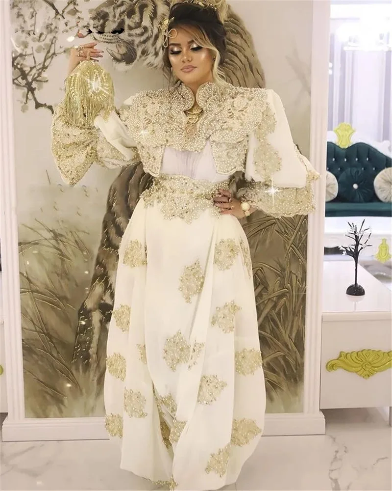 Algeria Caftan Marocain de soirée Bridal Gowns gold lace long sleeve customsized Traditional Kosovo vestidos Evening Dresses 2