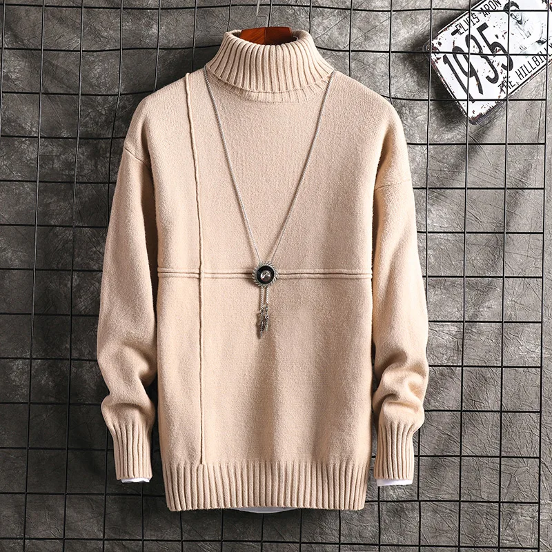 Мужской вязаный свитер с длинным рукавом однотонная водолазка отложным