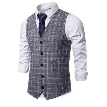 

plaid suit vest men business casual social waistcoat work group clothing England style gentleman prom wedding dress gilet homme