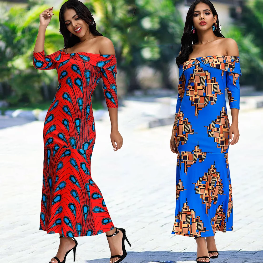 Fadzeco новое платье в африканском стиле для женщин, осенняя мода, платье с этническим принтом и одним словом, узкое дизайнерское платье с разрезом в виде рыбьего хвоста