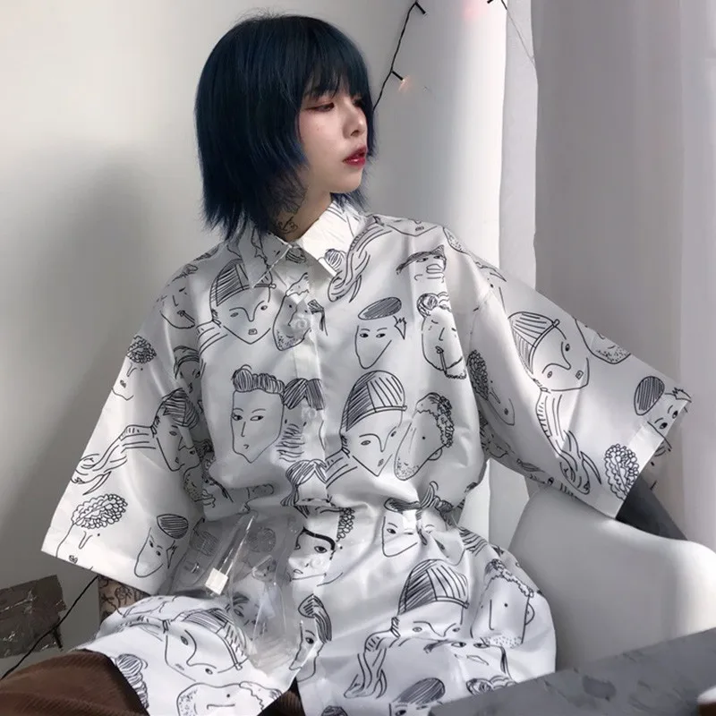 

Harajuku Style Plus Size Shirt Fashion Casual Short Sleeve Cartoon Print Blouses Summer New Lapel Blouse Women Tops New