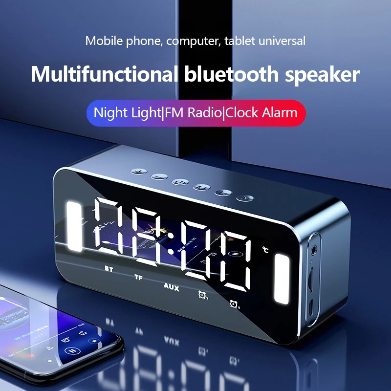 Wireless BT Speaker mirror desktop mobile phone clock stereo home alarm clock radio wireless speakers Audio