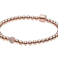 Подлинное 925 пробы серебро браслет из розового золота Гладкие бусины& проложить хрустальный шар браслет Fit бисера браслеты с подвесками Сделай Сам Модные украшения