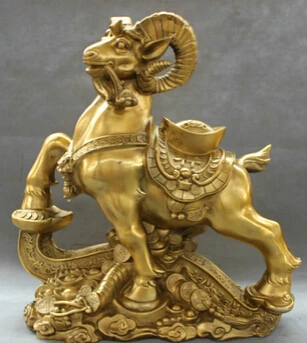 

free shipping<<<< 16" Folk Chinese Brass Animals RuYi Wealth Coin YuanBao Zodiac Sheep Goat Statue