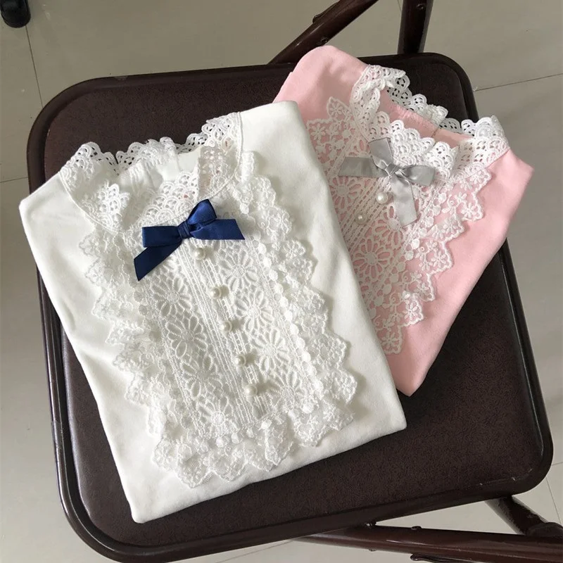 Children's School Girls Shirts Spring Fall Winter Kids White Long Sleeve Lace Bow Girl Tops And Blouse Baby Toddler Clothes JW3258 kids shirts