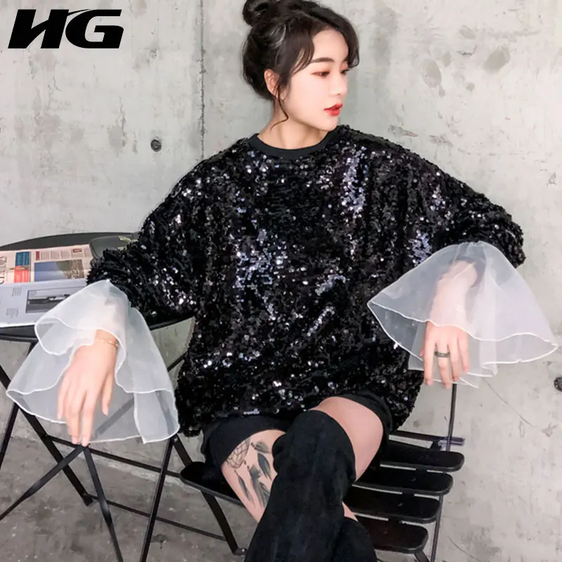 HG черный свитер с пайетками для женщин с сетчатыми вставками и расклешенными рукавами, свободные уличные модные топы, осенний пуловер для женщин ZYQ1851