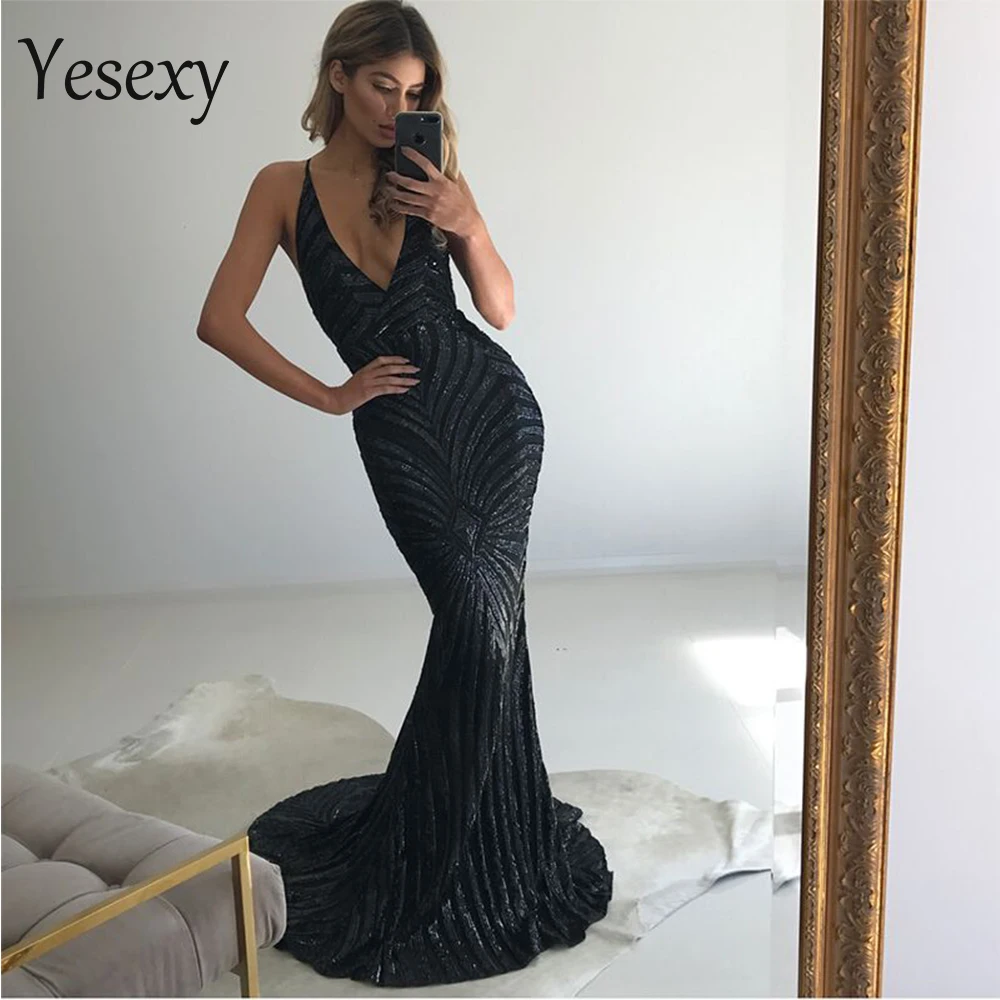 Yesexy, сексуальное женское Макси платье с глубоким v-образным вырезом, без рукавов, с блестками и геометрическим рисунком, элегантное облегающее вечернее платье с открытой спиной, VR8928