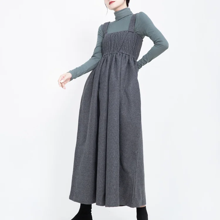 

Women Retro Sleeveless Straps Jumpsuits Winter Autumn Pleated Wide Leg Trousers Woolen Rompers Ladyy Casual Oversized Long Pants