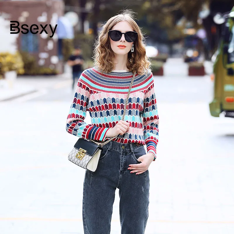 Женский свитер из проектировщика недели мода и 2019 осенний зимний полоска рисунок