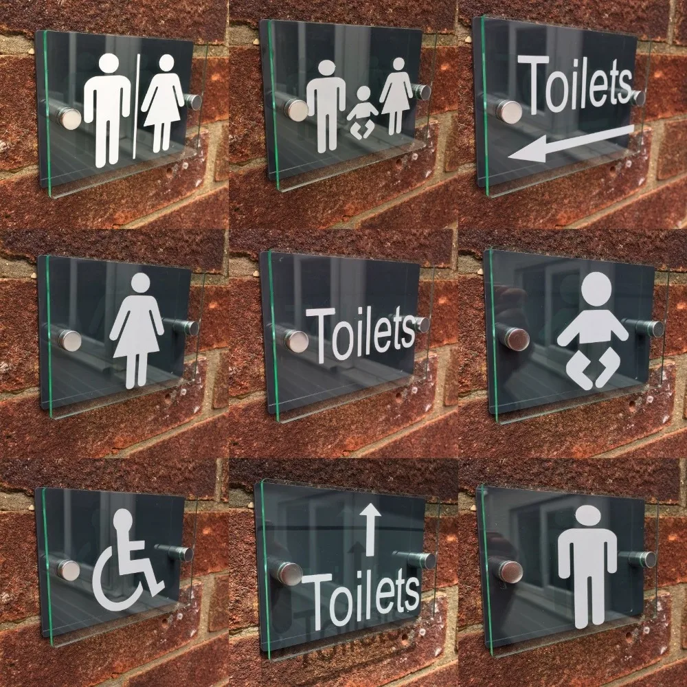 GLASS EFFECT ALUMINIUM MODERN TOILET SIGN PLAQUES MALE/FEMALE/DISABLED/BABY/W.C 