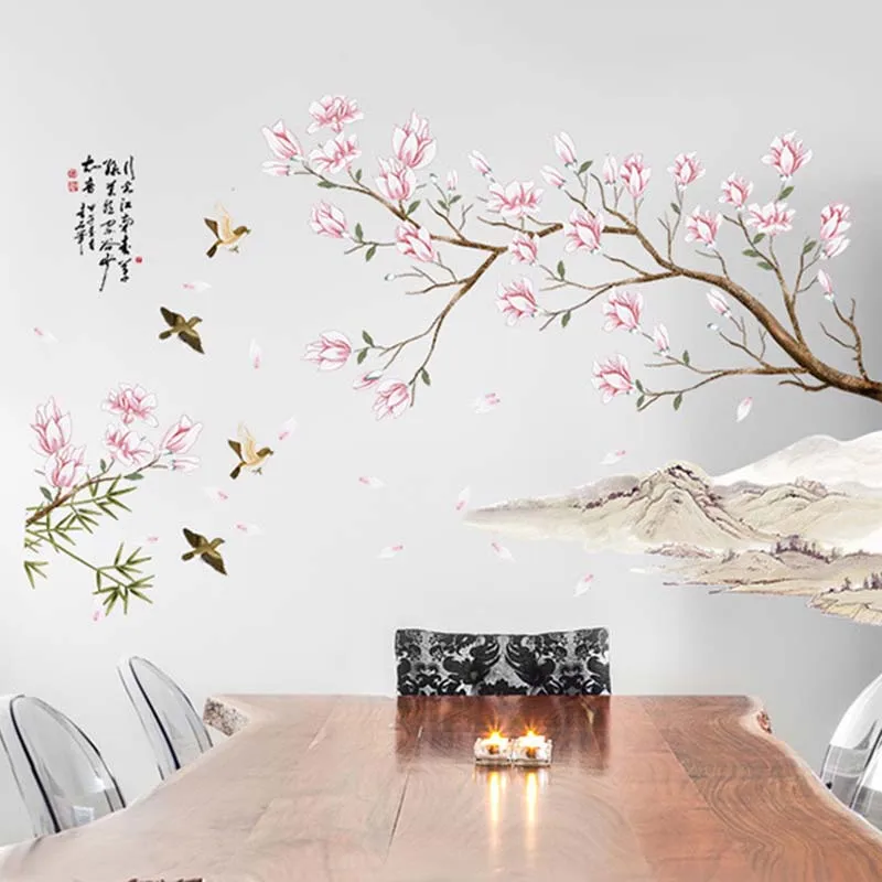 Съемный Винил ПВХ в китайском стиле искусство Персик цветы стены стикеры Наклейка Декор