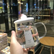 Милый Кот большой емкости стекло с крышкой ложки высокое боросиликатное Термостойкое молоко стекло бытовой мультфильм чашки для взрослых детей